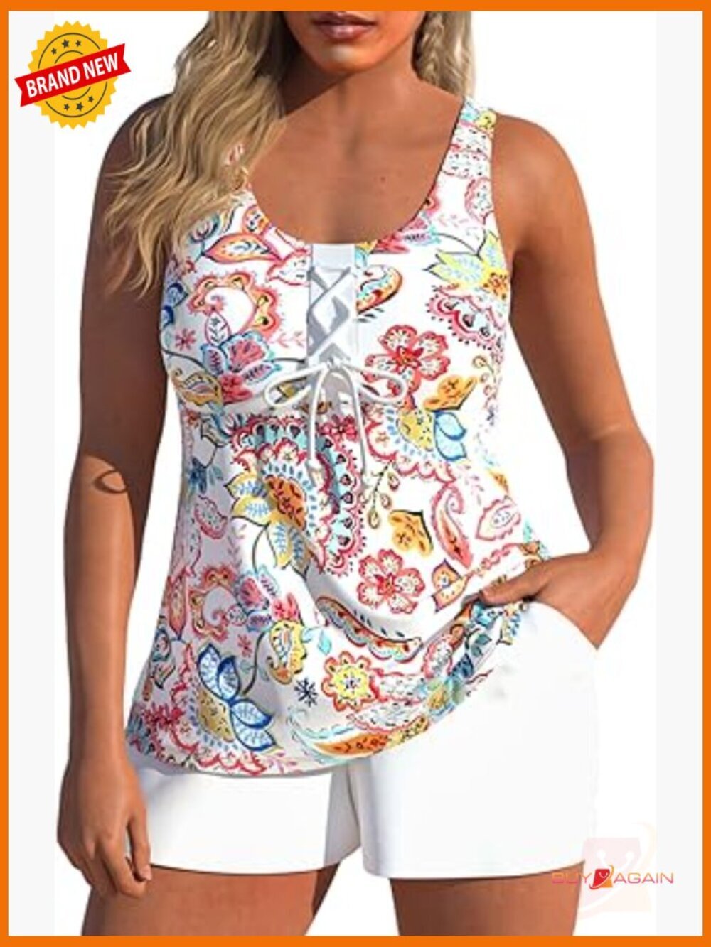 Lace Up Tankini Set with Board Shorts